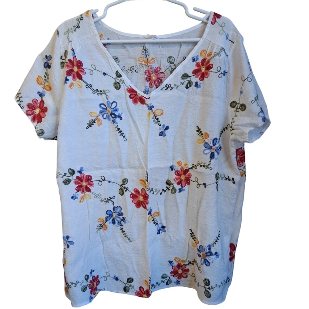 Anthropologie Kindred Blouse‎ Shirt 3X White Floral Embroidered SS Polyester EUC